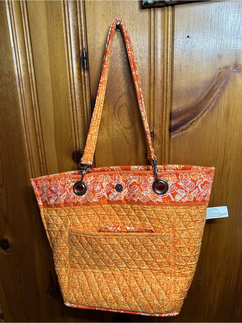 Quilted Orange Floral-Trim Tote Bag - Women's Shoulder Tote - Picture 4 of 14